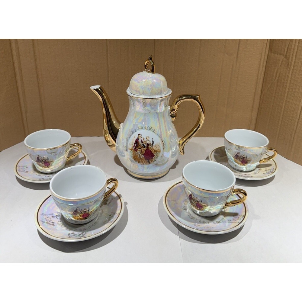 Romeo And Juliet Tea Pot 4 Tea Cups 4 Saucers Gold Trim Handles Iridescent White